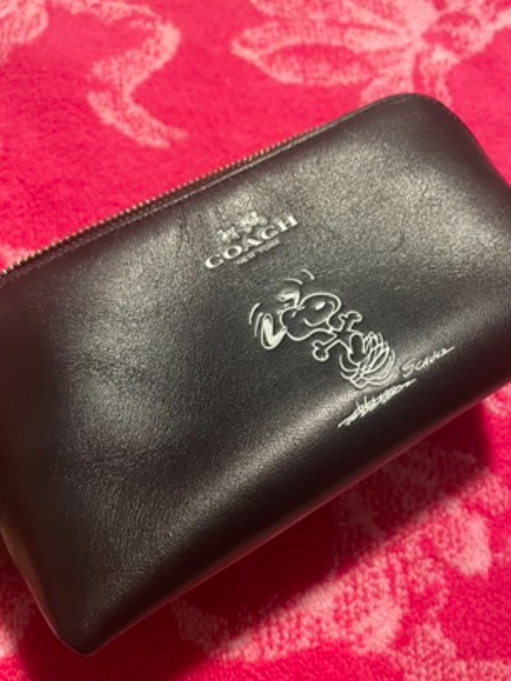 Coach Black Leather Toiletry Pouch with Snoopy Detail